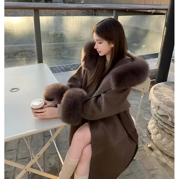 大毛领双面战袍大衣2025秋冬新款连帽中长款宽松韩版时尚毛呢外套