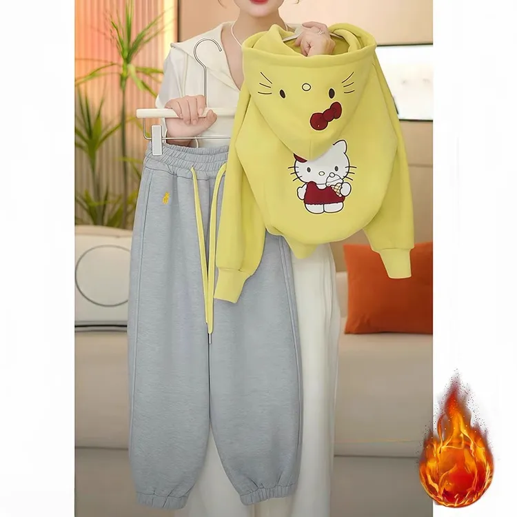 女童加绒卫衣外套套装秋冬2025新款可爱卡通一体绒开衫运动裤加厚