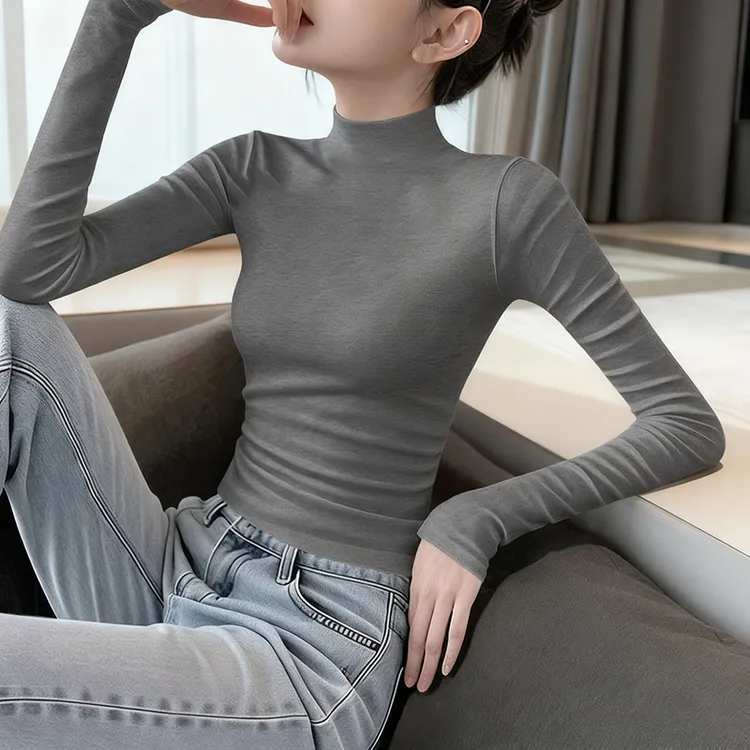 灰色洋气内搭半高领螺纹女2025新款长袖t恤时髦灰色打底衫