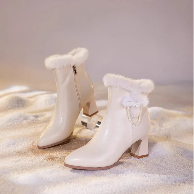 新中式冬天旗袍专用鞋子加绒中筒靴粗跟时尚中国风鞋子高跟靴女款