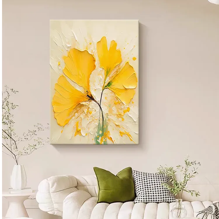 奶油风抽象银杏叶子肌理纯手工画客厅装饰画黄色轻奢餐厅玄关挂画