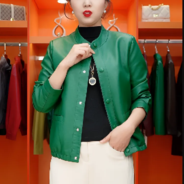 9880款时尚皮夹克女新款百搭春秋皮衣女外套品牌热卖工厂直销皮衣