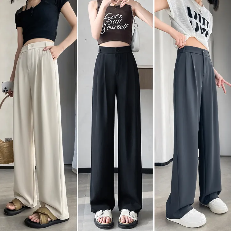 现货带险）夏季薄款小个子西装裤女高腰感垂感拖地窄版直筒阔腿裤