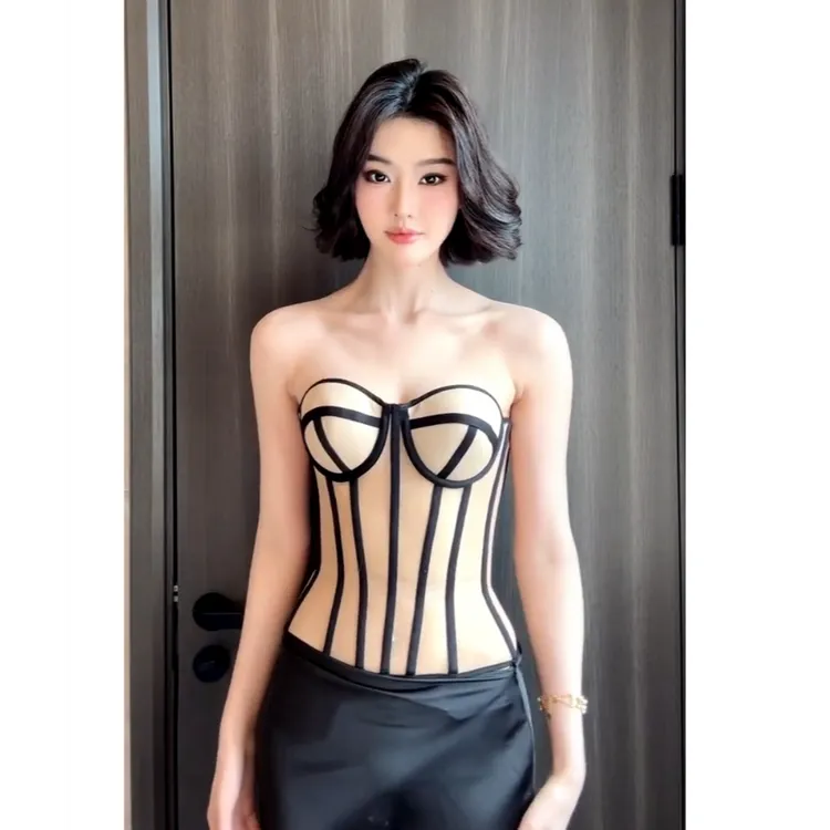 美式辣妹2025春夏新款性感显瘦拼色抹胸上衣缎面配包臀半身裙套装