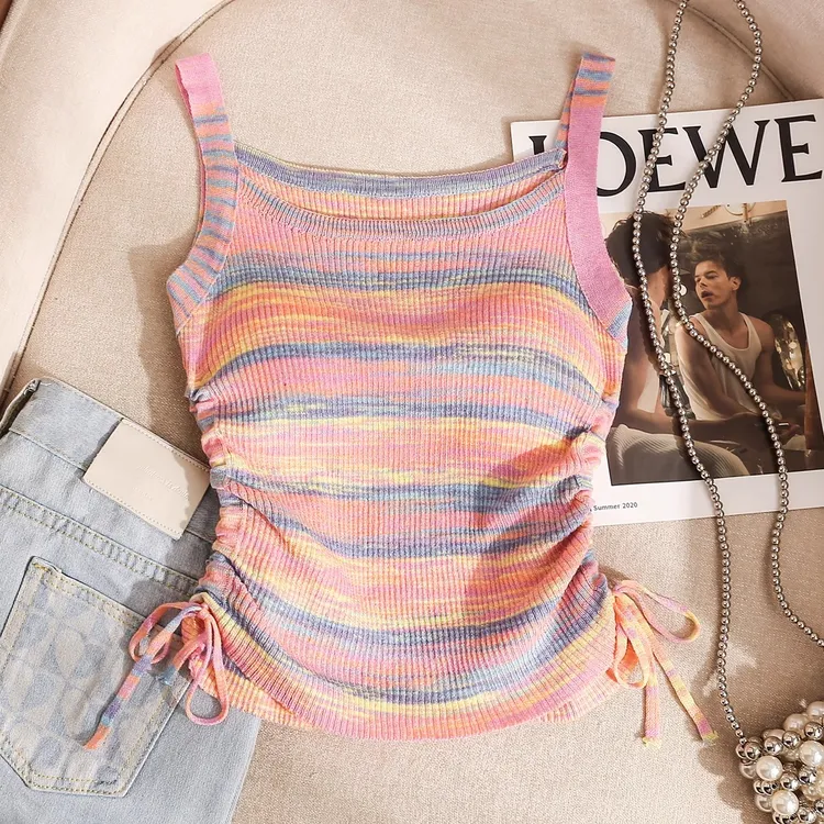 多巴胺彩色条纹吊带背心女夏季外穿海边甜辣妹无袖美背无袖上衣