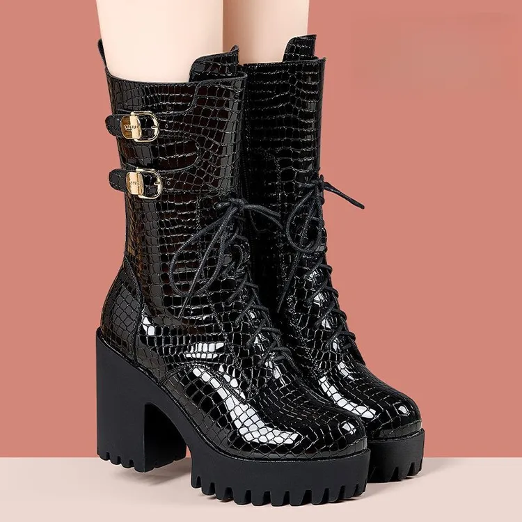 漆皮高跟中筒靴女新款粗跟厚底系带百搭时装靴中跟舒适短靴