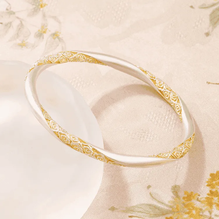 足银手镯 祥云描金999纯银手镯新中式国风实心复古闭口款古法手环