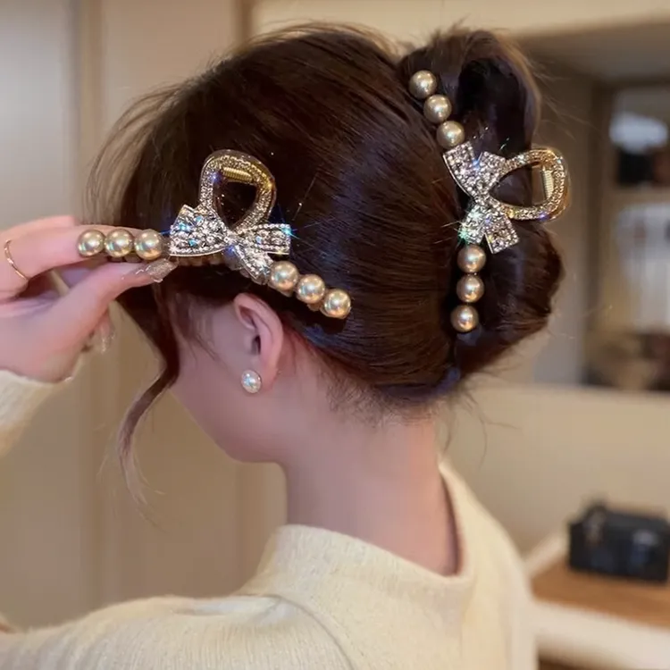 水钻蝴蝶结抓夹夏季珍珠发夹后脑勺盘发鲨鱼夹感头饰夹子