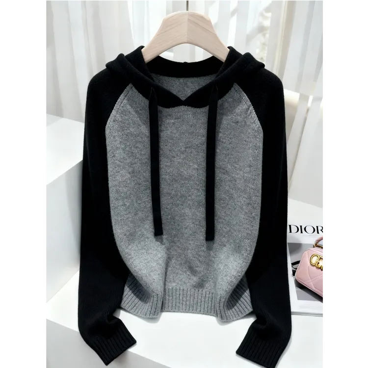 2025秋冬季新款休闲慵懒风高级感显瘦撞色小众长袖连帽毛衣针织衫