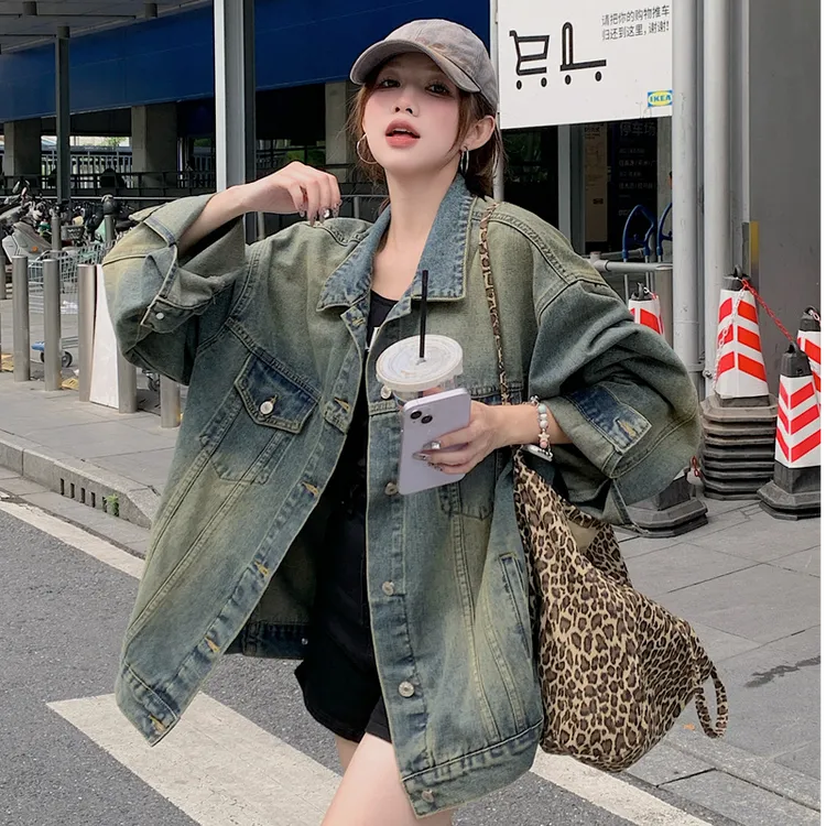 港风复古牛仔外套女小个子宽松百搭没事春秋长袖夹克上衣ins潮