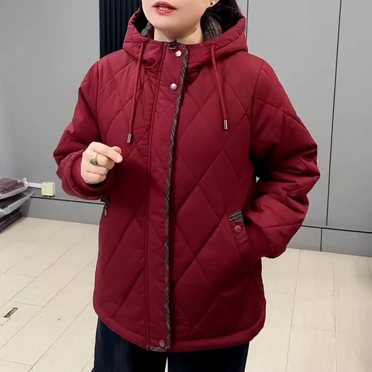 大码菱形块格子拼接连帽棉服冬季加厚保暖外套休闲百搭女士棉衣