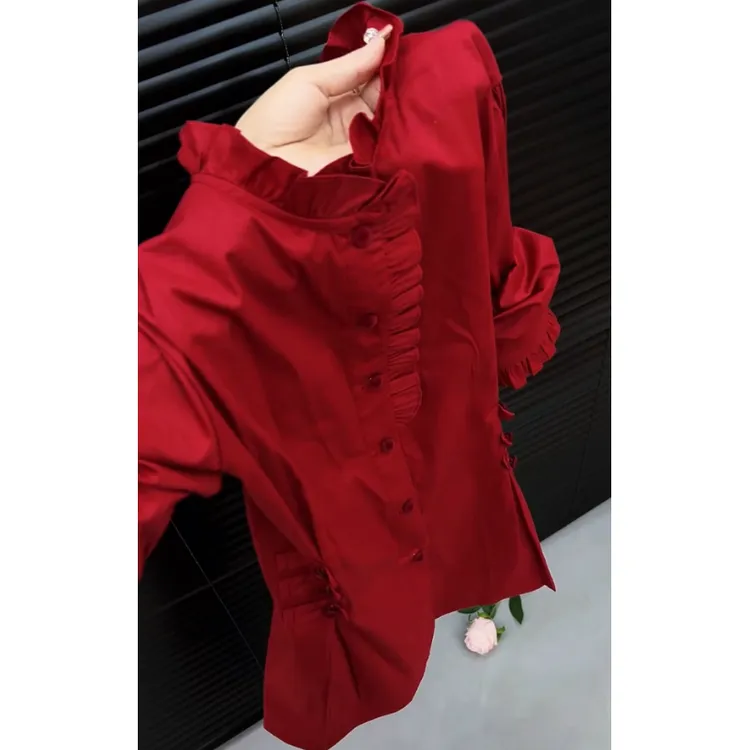 气质小翻领红色女轻奢小众洋气百搭显瘦2025春秋新款时尚法式上衣