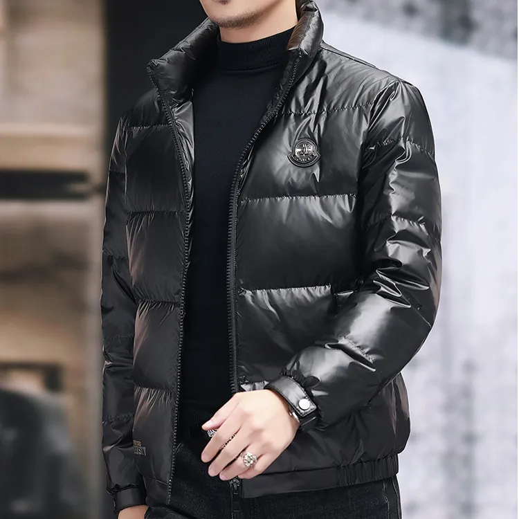 约文库费冬季男士羽绒服亮面立领上衣白鸭绒潮流男装免洗保暖外套