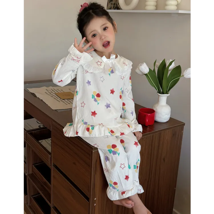 蕾丝公主领花边韩版儿童睡衣女中大小童春秋季长袖洋气家居服套装