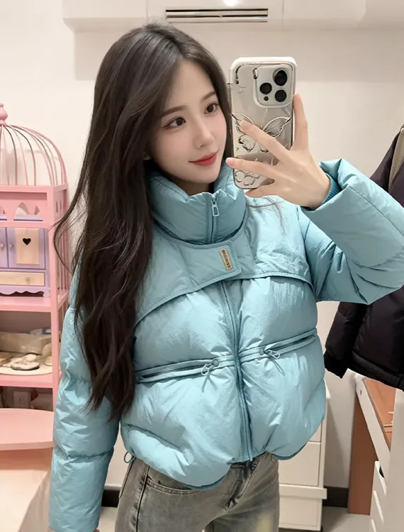 韩系蓝色短款棉服女款冬季设计感洋气高级感超好看加厚保暖外套