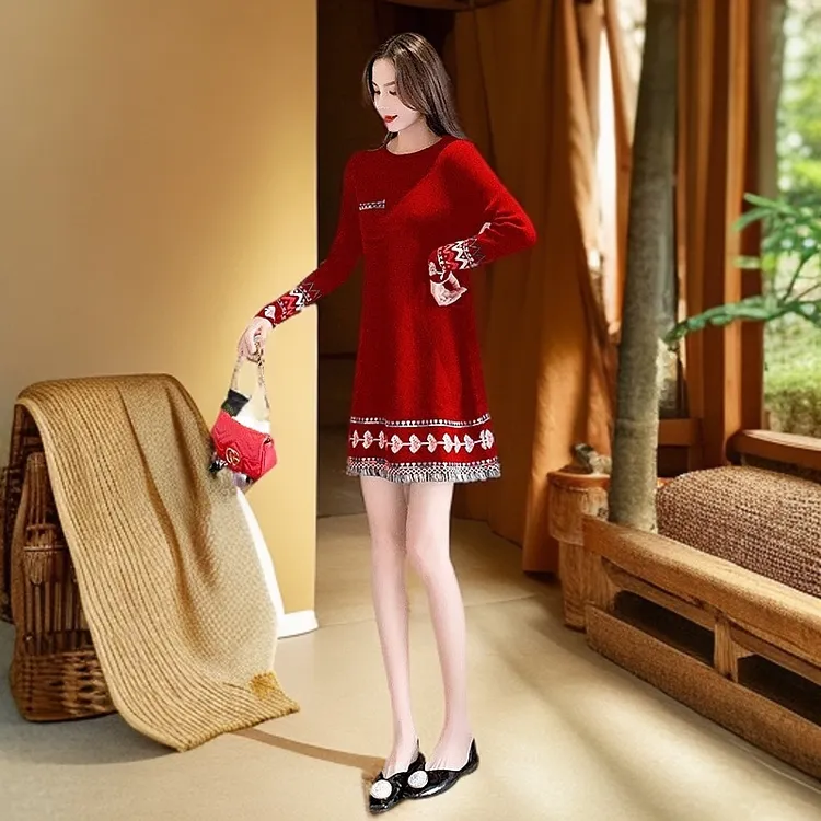 针织长袖连衣裙女秋冬新款国潮高档复古民族风显瘦中长款刺绣裙