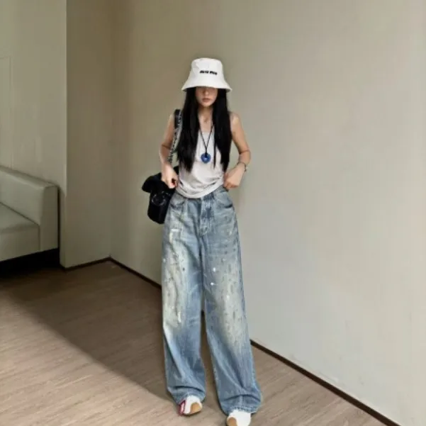 复古怀旧水洗宽松牛仔裤女早秋高腰百搭浅蓝色油漆泼墨阔腿裤长裤