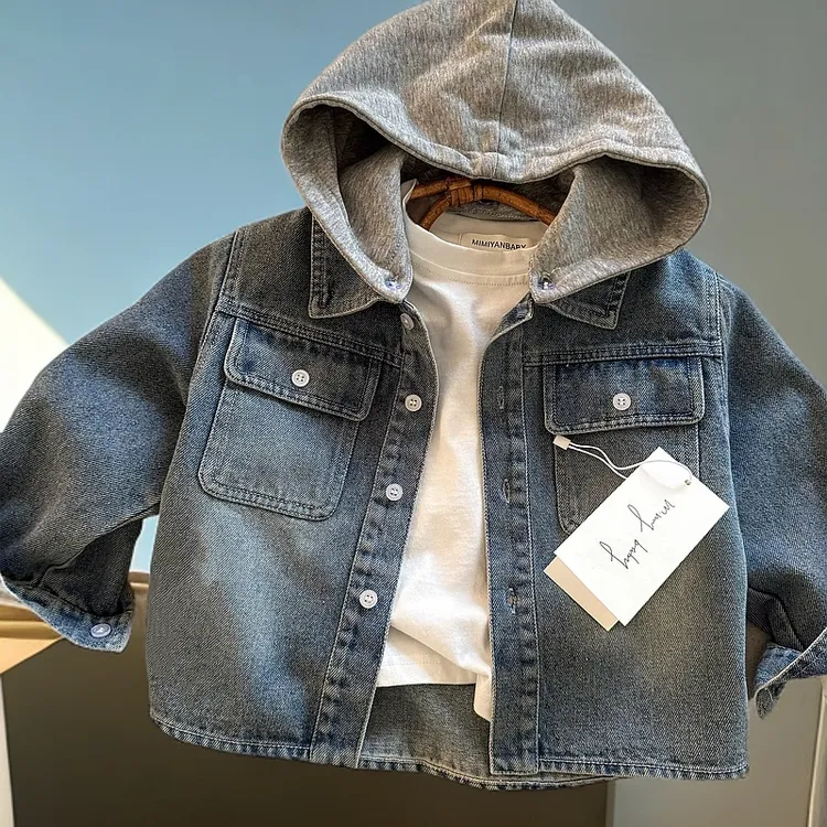 儿童春秋款牛仔外套2025春男童连帽牛仔帅气宝宝洋气夹克女童上衣