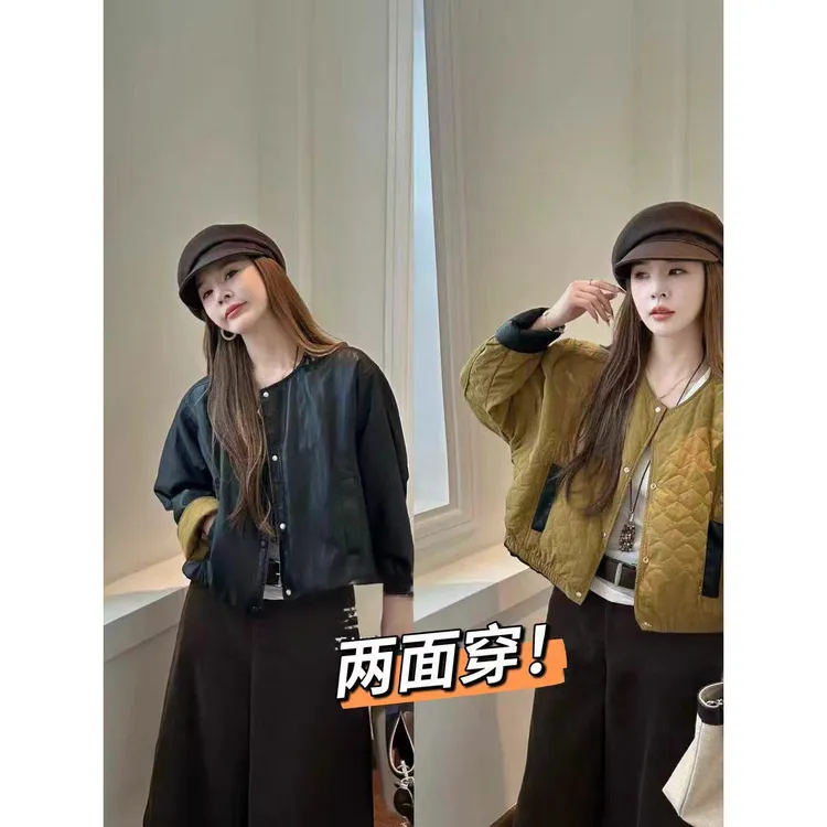 X55962-设计感两面穿夹棉女秋冬新款韩版圆领百搭减龄夹克上衣