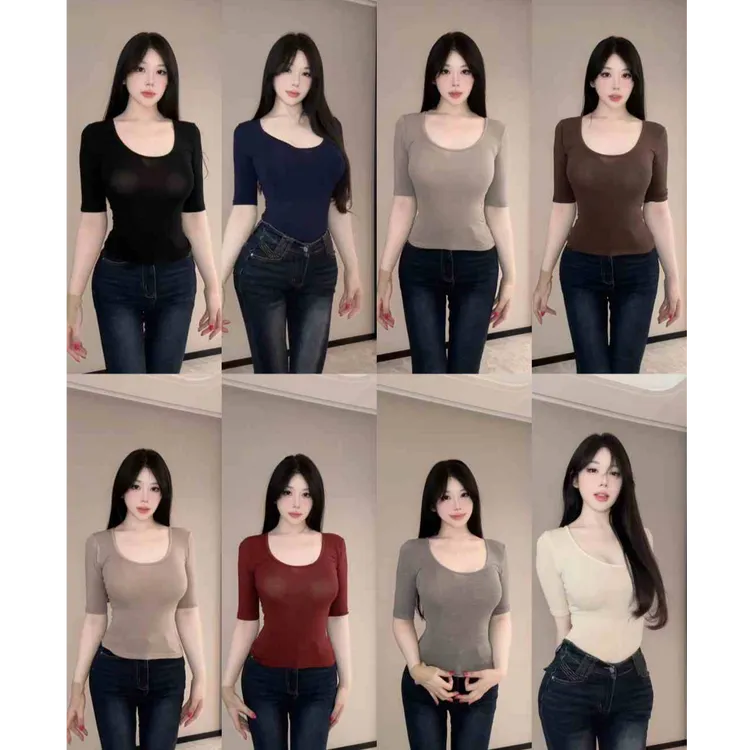 希野逸儿【裸感肌肤t】纯欲U领软糯肤感料抽褶五分袖正肩T恤上衣