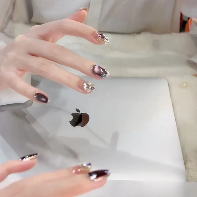 JDD【暗夜紫】时尚新款带钻爆闪显白高级感纯手工美甲穿戴甲片