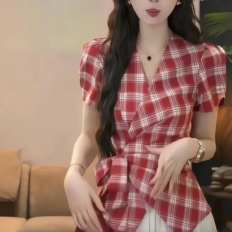 【雾蓝海岸】夏季复古小众设计感时尚小众蓝色格子显瘦衬衫1347