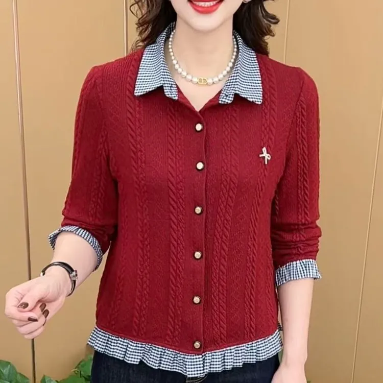 时尚妈妈秋冬拼接针织衫气质中老年减龄新款毛衣假两件洋气打底衫