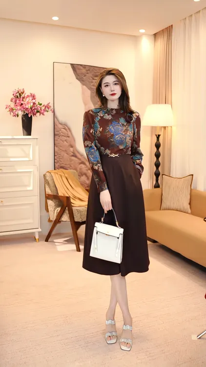 拼接套头春秋季套头款常规连衣裙印花显瘦女装气质 86056