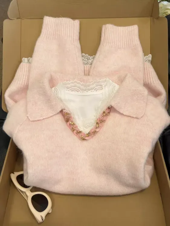 自留款推荐~粉色亮片POLO领长袖针织衫女冬季新款温柔风慵懒毛衣