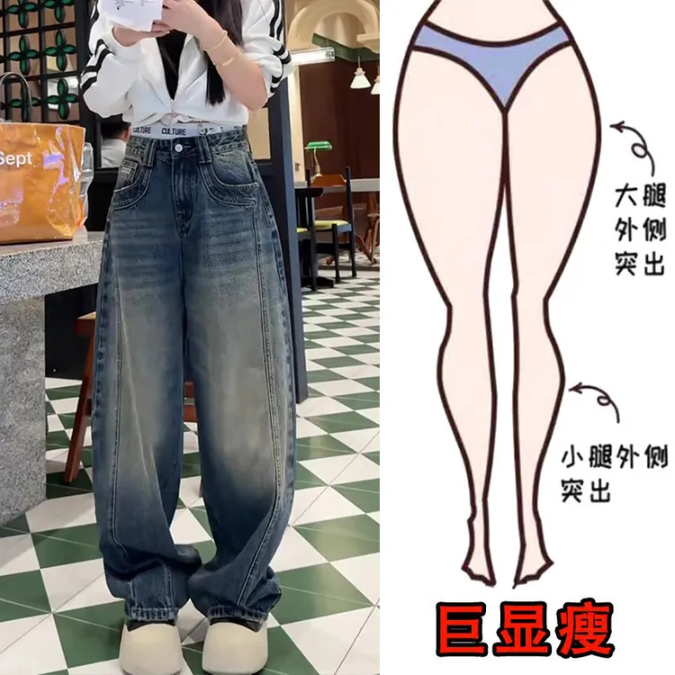 秋冬加绒美式复古设计感口袋牛仔裤梨型身材显瘦高腰宽松阔腿长裤