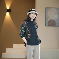 【芙澜卡尔】碎花绘画拼接款帽衫秋冬新款套头上衣时尚中老年女装