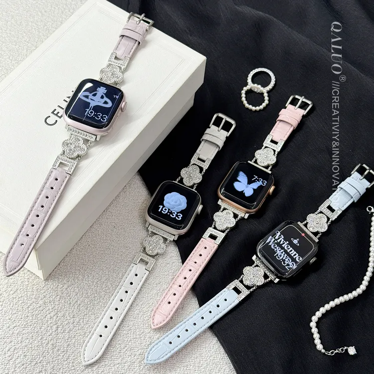 QALUO适用applewatchS11/S10满钻竹节鳄鱼皮iwatch98se代苹果表带