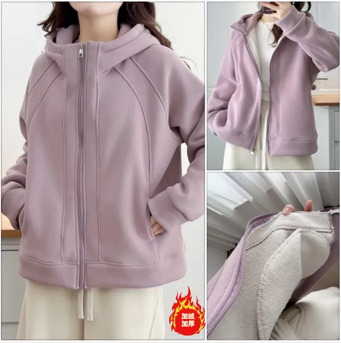 微胖MM秋冬新款连帽加绒加厚颗粒绒外套女大码宽松百搭保暖上衣