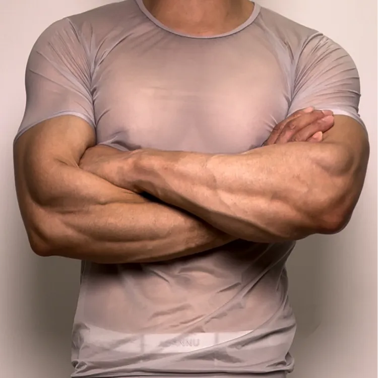 男士超薄塑形运动网纱上衣薄款圆领打底高弹健身透气男士短袖无痕