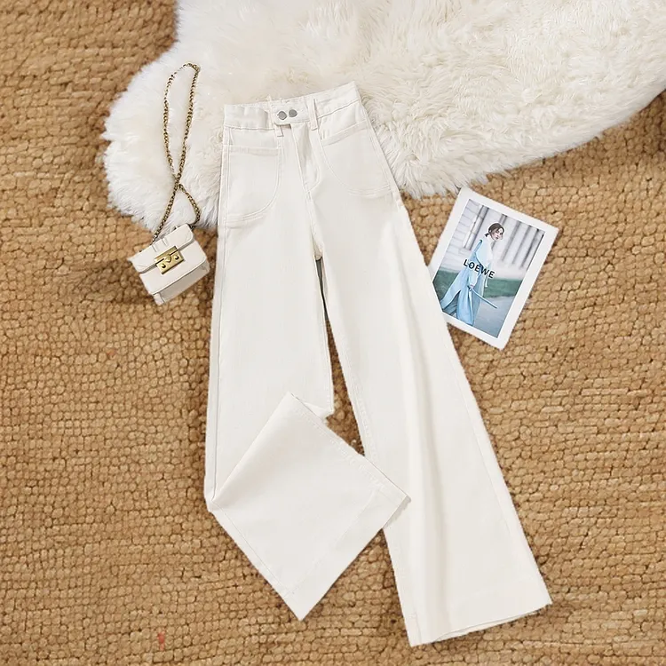 米杏色高腰喇叭裤女显瘦牛仔裤直筒春夏弹力牛仔阔腿宽松潮7859