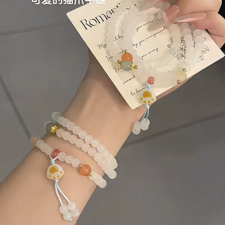 非金属玻璃手链 可爱炭烧猫爪三圈手串中式国潮编织闺蜜手链