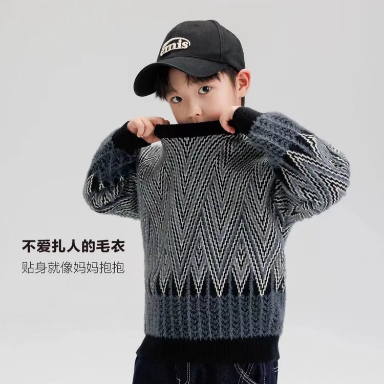 2025秋冬新款加厚儿童毛衣三色提花保暖针织衫韩版男童百搭潮流