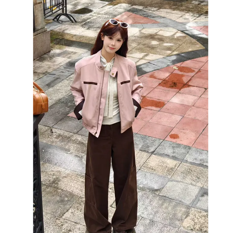 小小仟 粉色皮衣外套秋季新款酷飒独特超好看休闲夹克裤子打底衫
