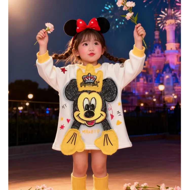 MN潮牌重工米奇卫衣裙2025秋冬新款洋气女童时尚卡通连衣裙可爱宝
