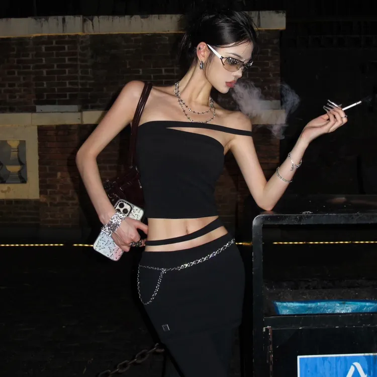 欧美辣妹风单肩吊带背心抹胸上衣女夏性感修身裤子2025新款显瘦