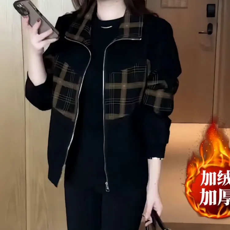 拼接款气质显瘦拉链开衫短外套2025新款中年女士休闲百搭潮流上衣