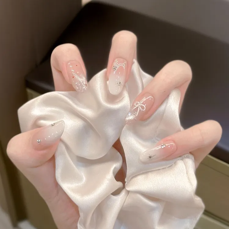 【渐变芒星】裸色渐变纯手工穿戴甲中长款简约爆闪猫眼光疗显白美甲