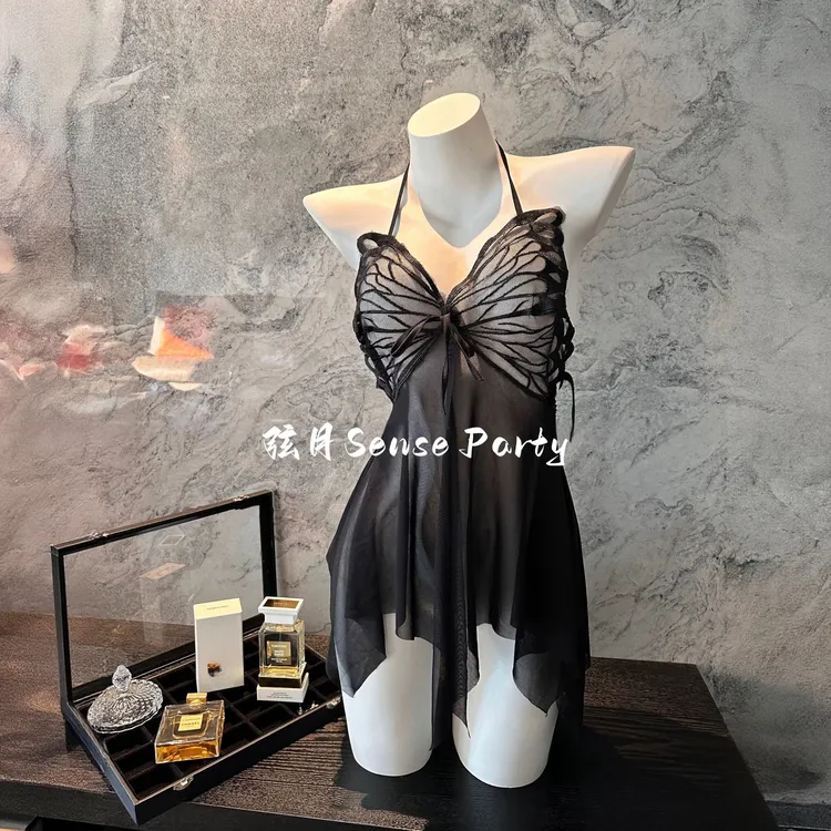 弦月【蝴蝶梦境】性感挂脖网纱睡裙露背轻奢高级感睡裙女美背蕾丝