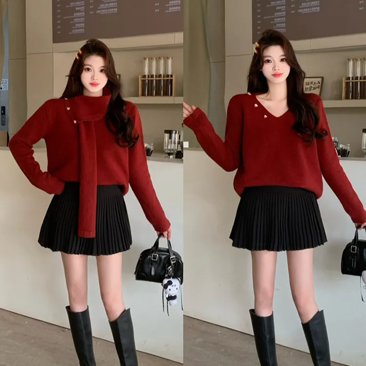 冬装新款胖mm大码女软糯保暖圣诞节气氛红色针织上衣毛衣71839