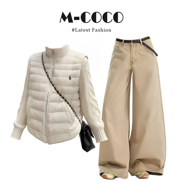 MARIE.COCO高端名媛秋冬毛衣袖拼接棉袄外套打底衫阔腿裤三件套装