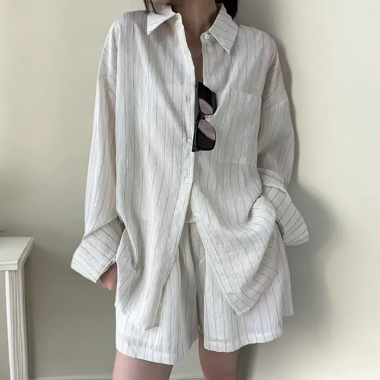 水洗亚麻混纺条纹衬衫加裤子老钱风松弛感慵懒宽松短裤套装夏季女
