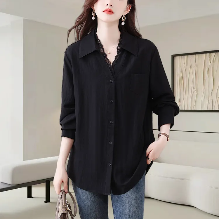 时尚气质蕾丝拼接衬衫女士2025秋季新款宽松显瘦百搭大码长袖上衣