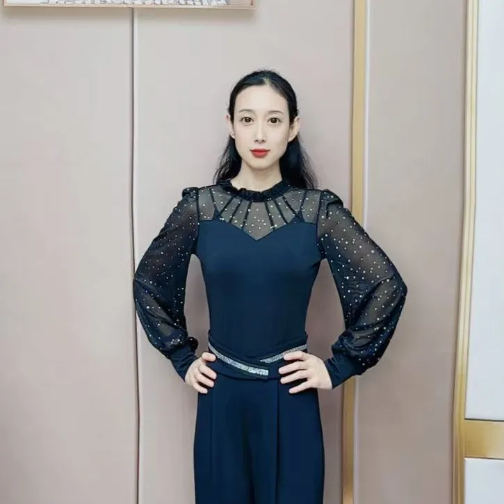 欢舞阁吉特巴摩登舞气质木耳领女士交际舞广场舞长袖舞衣A0763