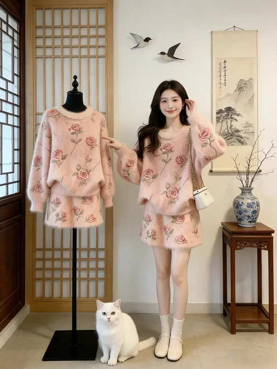 甜美可爱风玫瑰印花毛绒套装女秋季新款高级感针织两件套2025冬季