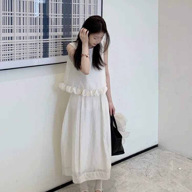 法式高品质定制花边背心小衫夏季质感珠光面料花苞半身裙